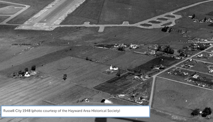black and white aerial photo of russell city